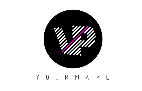 VP Letter Logo Design with White Lines and Black Circle