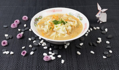 Close up view of plate with japanese food inside. Japan traditional food on wooden table. Selective focus
