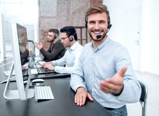 portrait of the call center operator in the workplace
