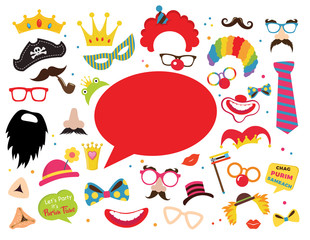 Design for Jewish holiday Purim with masks and traditional props. Vector illustration - Vector -Happy purim greeting in hebrew