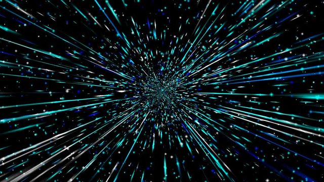 Animated computer graphics with stars flying towards the observer with rays in dark space