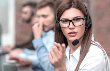 female call center operator pointing at you