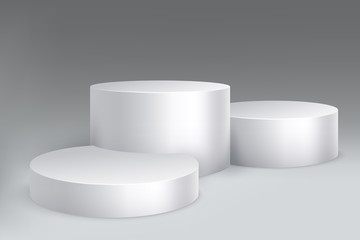 Studio podium. Marble stand pillar base, pedestal with cylinders. Empty white exposition showroom vector isolated mockup