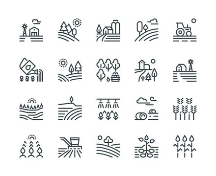 Farming landscape line icons. Rural houses, planting vegetables and wheat fields, cultivated crops. Agriculture vector pictograms
