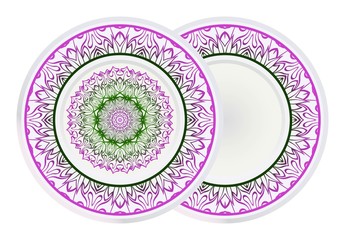 Design Plates for interior design. Porcelain plate with mandala ornament. Vector illustration. Isolated. Round geometric floral pattern. Interior decoration, home decor element. Purple green color