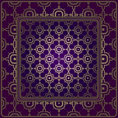 Design Of A Scarf With A Geometric Pattern . For Tablecloth, Fabric, Covers, Scrapbooking, Bandana, Pareo, Shawl. Vector Illustration. Purple, gold color