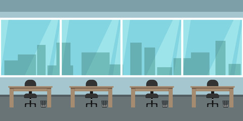 Seamless office interior with panoramic windows overlooking city skyscrapers. Vector illustration.