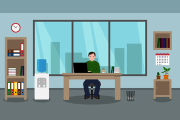 Caucasian man sitting at table with laptop. Employee workplace. Vector illustration.