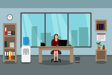 Caucasian woman sitting at table with laptop. Employee workspace. Vector illustration.