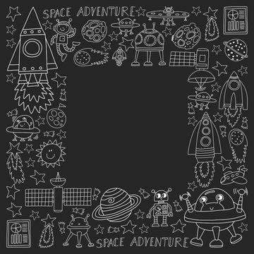 Vector set of space elements icons in doodle style. Painted, black monochrome, chalk pictures on a blackboard.