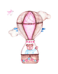 Watercolor it is boy baby shower with cute hot air balloon with bear