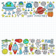 Vector set of space elements icons in doodle style. Painted, colorful, on a sheet of checkered paper on a white background.