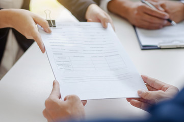 Job interview with human resource manager in office, selective focus