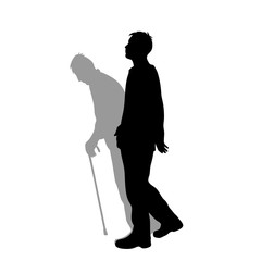 Young man with shadow of old man. Vector silhouette on white background. Illustration of aging symbol.