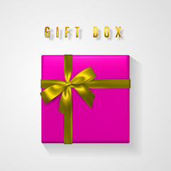 Pink gift box with golden bow and ribbon top view. Element for decoration gifts, greetings, holidays. Vector illustration