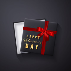 Happy Valentines Day Golden glitter sparkle. Gift box with bow and ribbon top view. Element for decoration gifts, greetings, holidays. Vector illustration