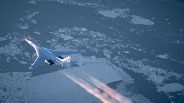 The plane flies over the ice