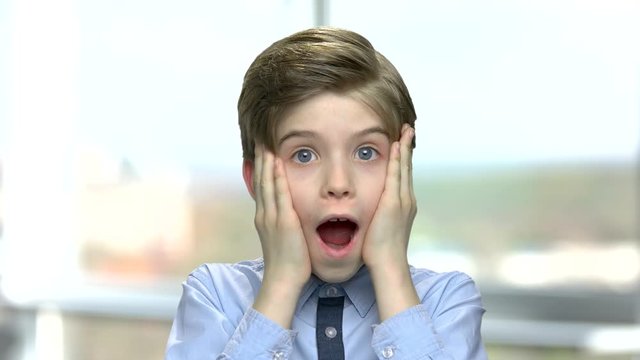 Happy surprised boy holding hands on face. Cute blue eyed little boy with shocked expression looking at camera. Human body language.