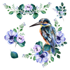 Watercolor blue common kingfisher with green twigs and pink anemone flowers, set of isolated elements on white background