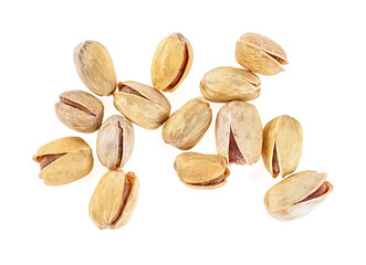 Salted pistachio nuts isolated on white background, top view.