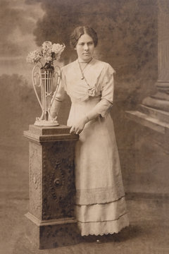 RUSSIA - CIRCA 1905-1910: A portrait of young woman in studio, Vintage Carte de Viste Edwardian era photo