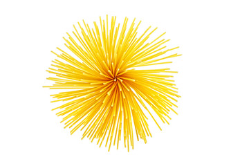 Yellow italian pasta. Yellow long spaghetti on white background, top view.
