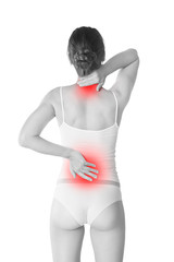 Back pain, woman with backache isolated on white background