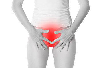 Woman with menstrual pain, stomachache isolated on white background
