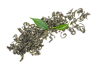 Pile of green tea with fresh leaves isolated on white background