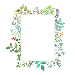 Fototapeta na wymiar Vector watercolor illustration. Beautiful wreath. Colorful greeting card with leaves and branches. Spring flowers for invitation, wedding or postcard.