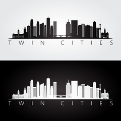 Twin cities USA skyline and landmarks silhouette, black and white design, vector illustration. © greens87