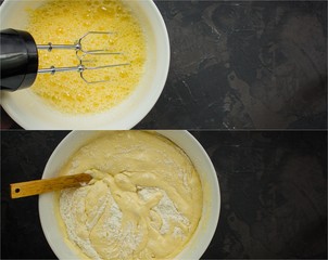 raw dough (eggs, flour and other ingredients recipe). food background. copy space