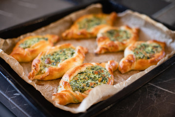 Fresh close up georgia adjarian Khachapuri with spinach and cheese filling in baking tray