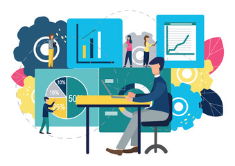 Vector illustration of a business, employees study infographics.