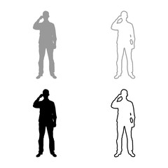 Man drinking from mug standing icon set grey black color illustration outline flat style simple image