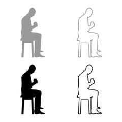 Man holding mug and looking at the contents inside while sitting on stool Concept of calm and home comfort icon set grey black color illustration outline flat style simple image