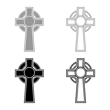 Celtic cross icon set grey black color illustration outline flat style simple image