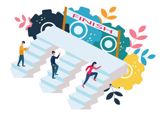 Vector illustration, people run and go to their goal on the stairs, raise motivation