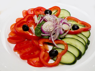 Slicing fresh tomato, cucumber, bell pepper and onion on white background