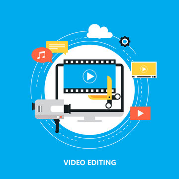 Video editing, video production, montage flat vector illustration design. Video editing tutorial design for web banners and apps