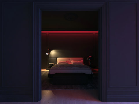 luxury black bedroom with red sexy light. 3D illustration