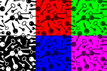 Key seamless pattern, Silhouette key (black, white, red, blue, green, purple) background set,