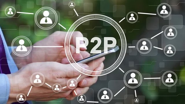 Businessman presses button P2P peer-to-peer on phone virtual digital electronic user interface.