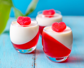 Panna Cotta in Valentines Day on blue background