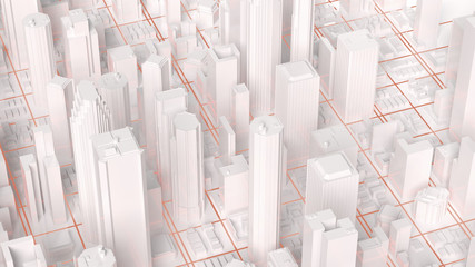 Digital 3d rendering city. Light trails symbolise data travelling in modern city.