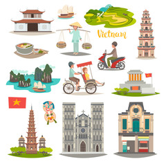 Vietnam landmark vector icons set. Illustrated travel collection about Vietnam. Vietnamese traditional cultural symbols and  architecture. Asian travel attraction, isolated on white background