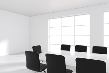 White meeting room with panoramic window. 3d rendering.