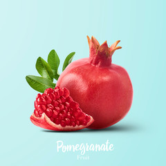 Fresh ripe pomegranate with green leaves isolated on white background.