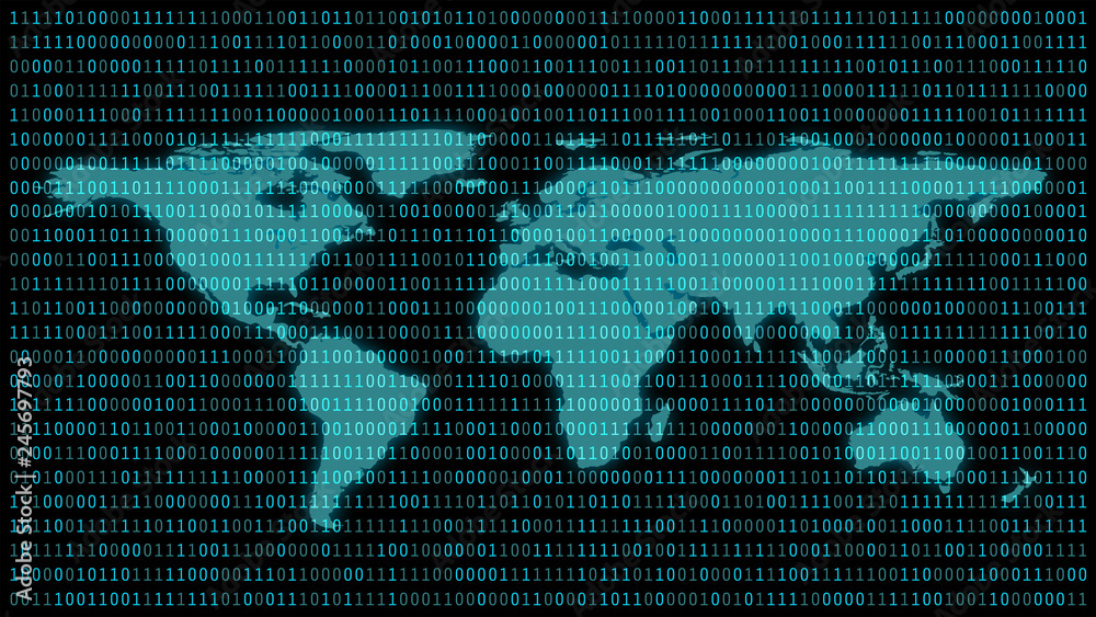 Wall mural World map with 01 or binary numbers on the computer screen on monitor matrix background, Digital data code in hacker or security technology concept. Abstract illustration