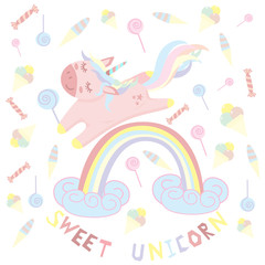 unicorn on a rainbow with candy - vector illustration, eps